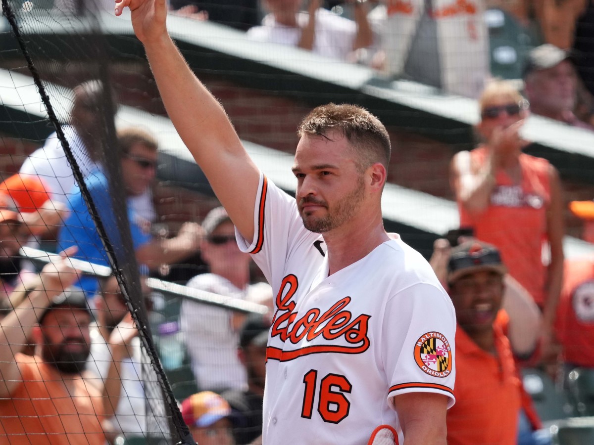 Baltimore Orioles designated hitter Trey Mancini (16) takes a curtain call following his two-run, inside-the-park home run in the eighth inning against the Tampa Bay Rays at Oriole Park at Camden Yards.