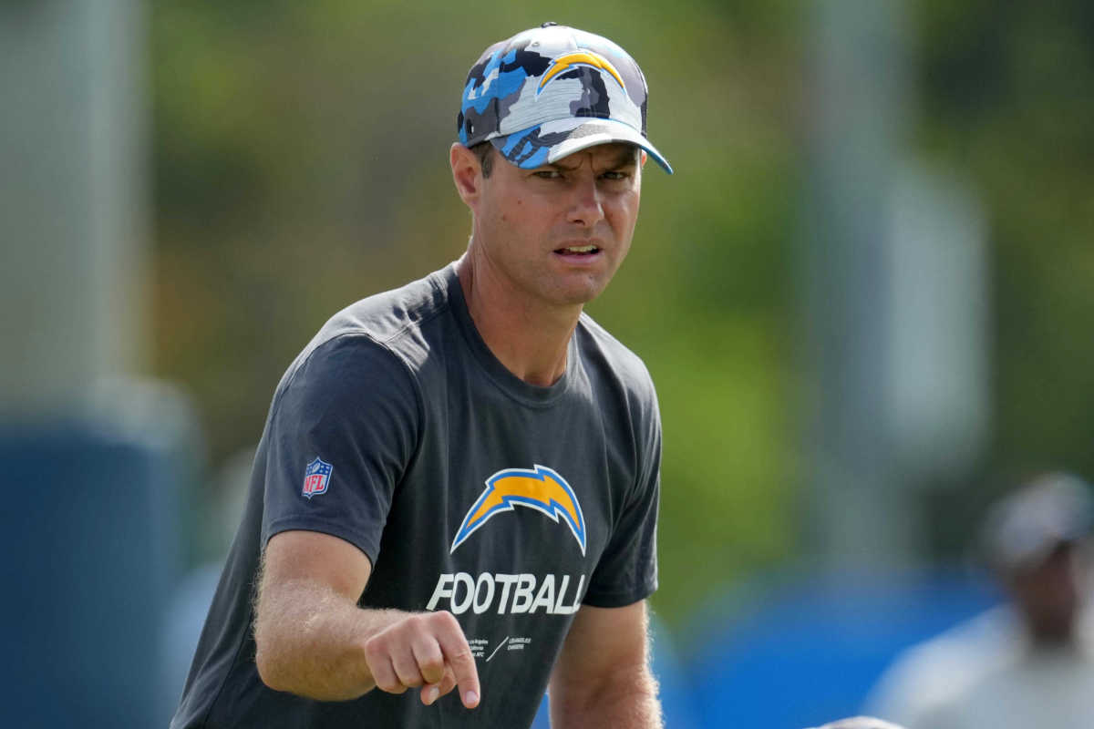 Aug 1, 2022; Costa Mesa, CA, USA; Los Angeles Chargers coach Brandon Staley during training camp at the Jack Hammett Sports Complex. Mandatory Credit: Kirby Lee-USA TODAY Sports