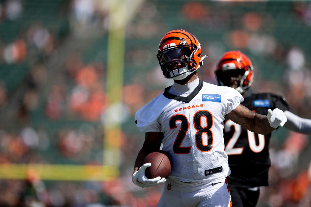 Cincinnati Bengals running back Joe Mixon (28) runs into the end zone as Cincinnati Bengals cornerback Eli Apple (20) runs behind him during Cincinnati Bengals preseason training camp at Paul Brown Stadium in Cincinnati on Saturday, July 30, 2022. Cincinnati Bengals Training Camp 654