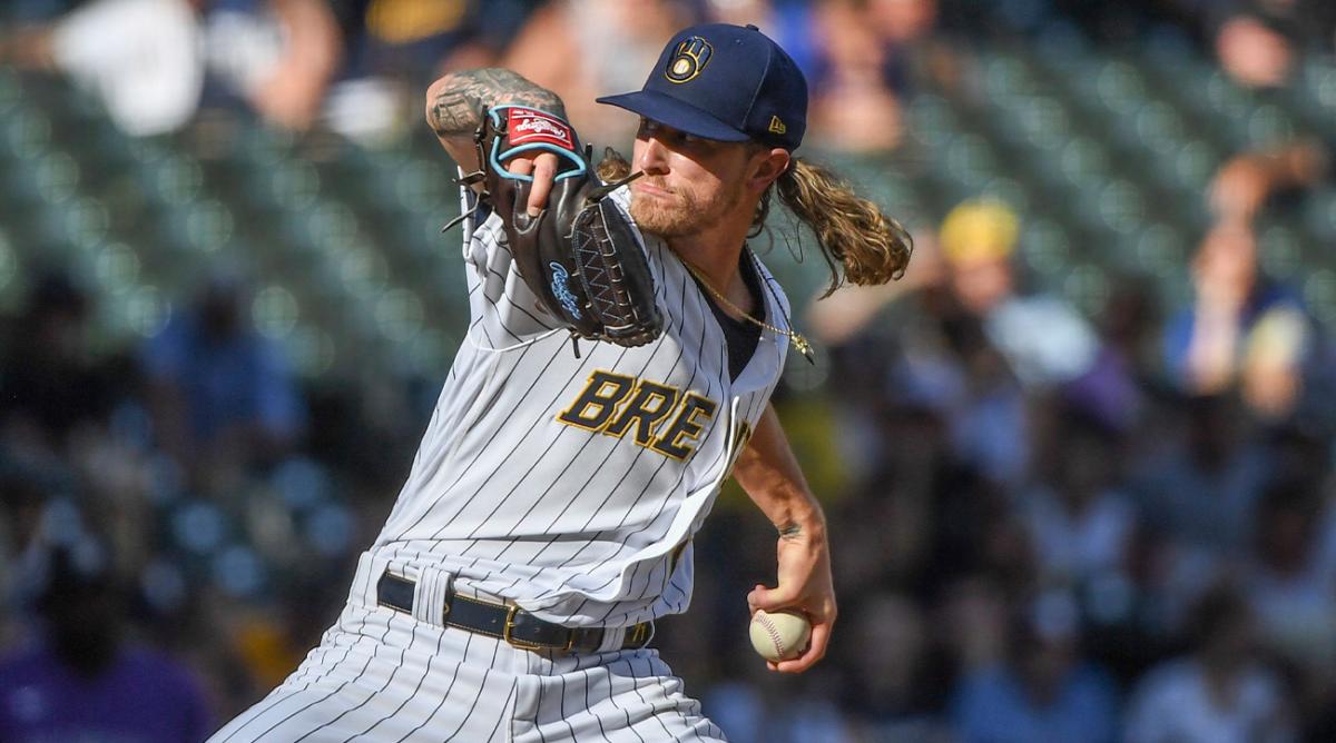 Milwaukee Brewers’ Josh Hader pitches during the ninth inning of a baseball game against the Colorado Rockies, Sunday, July 24, 2022, in Milwaukee.