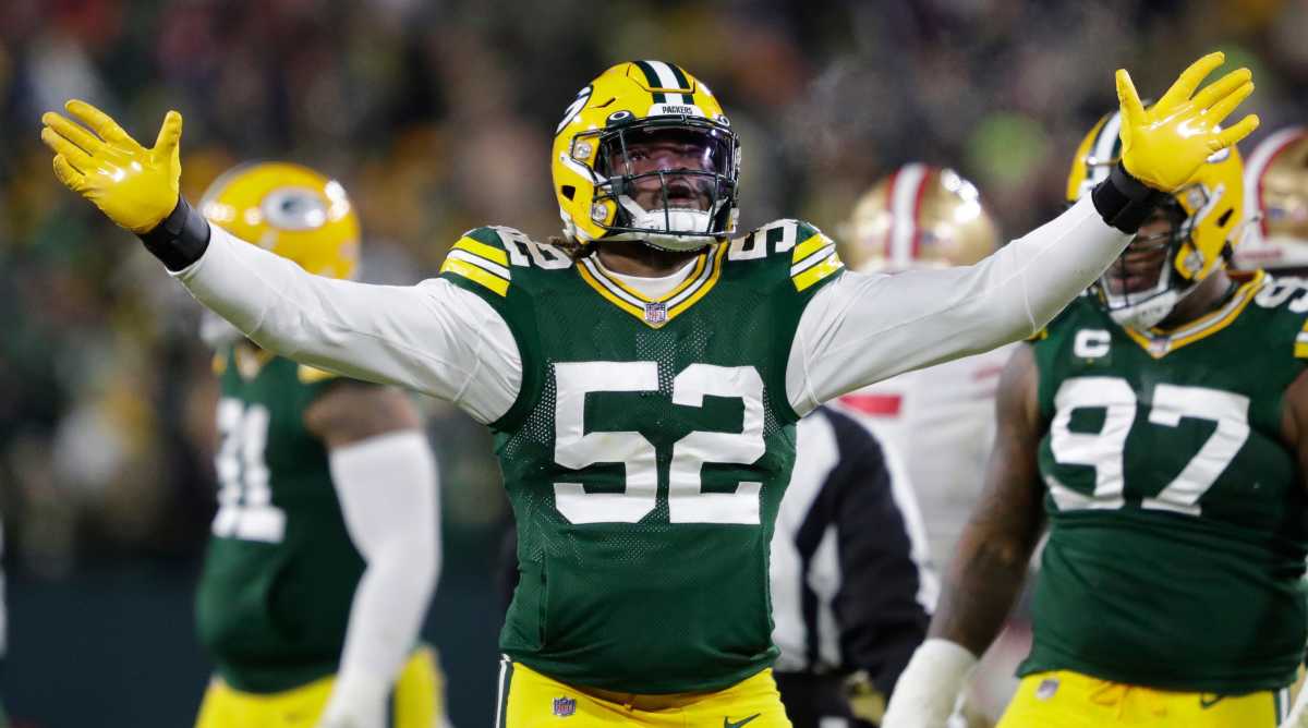 Green Bay Packers outside linebacker Rashan Gary (52) celebrates a fumble against the San Francisco 49ers in the second quarter during their NFL divisional round football playoff game Saturday January...