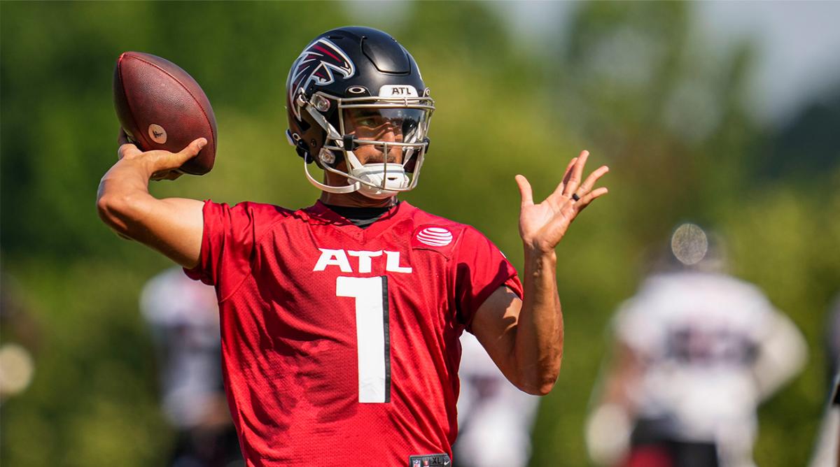 Jul 29, 2022; Flowery Branch, GA, USA; Atlanta Falcons quarterback Marcus Mariota (1) passes the ball during training camp at IBM Performance Field.