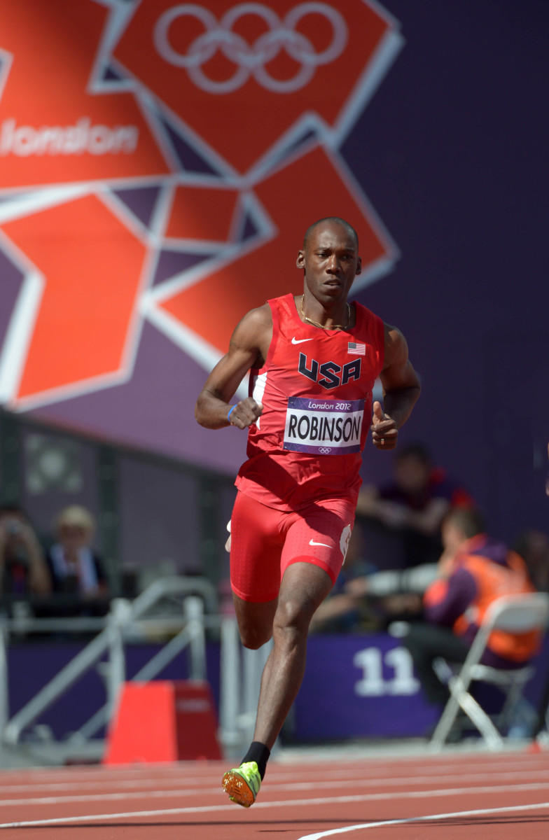 Aug 6, 2012; London, United Kingdom; Khadevis Robinson (USA) runs 1:47:17 in a mens 800m heat during the London 2012 Olympic Games at Olympic Stadium.