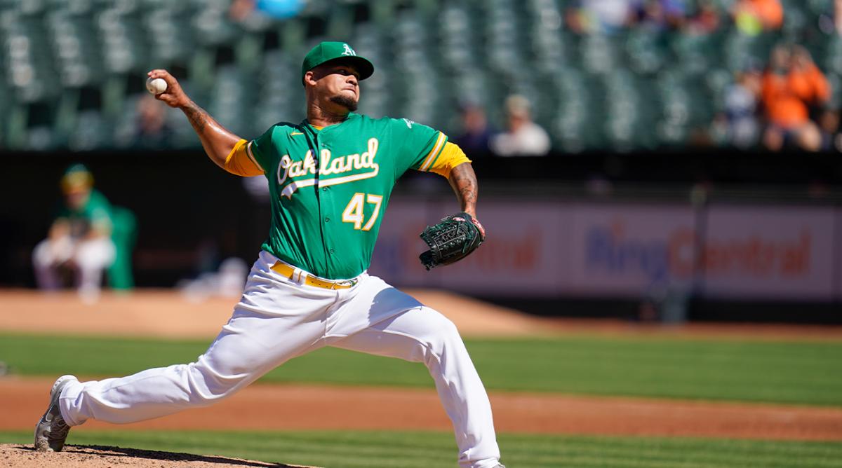 Oakland Athletics’ Frankie Montas pitches against the Detroit Tigers during the first inning of the second baseball game of a doubleheader in Oakland, Calif., Thursday, July 21, 2022.