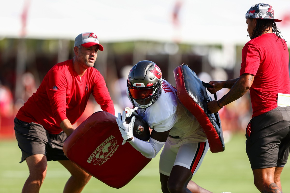 Jul 30, 2022; Tampa, Florida, USA; Tampa Bay Buccaneers wide receiver Tyler Johnson (18) participates in training camp at AdventHealth training center Mandatory Credit: Nathan Ray Seebeck-USA TODAY Sports