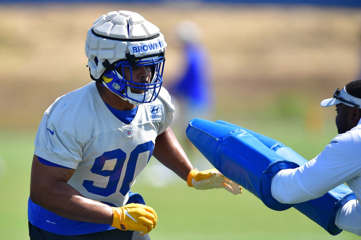 Jun 8, 2022; Los Angeles, CA, USA; Los Angeles Rams defensive end Earnest Brown IV (90) during mini camp at Cal Lutheran University. Mandatory Credit: Gary A. Vasquez-USA TODAY Sports