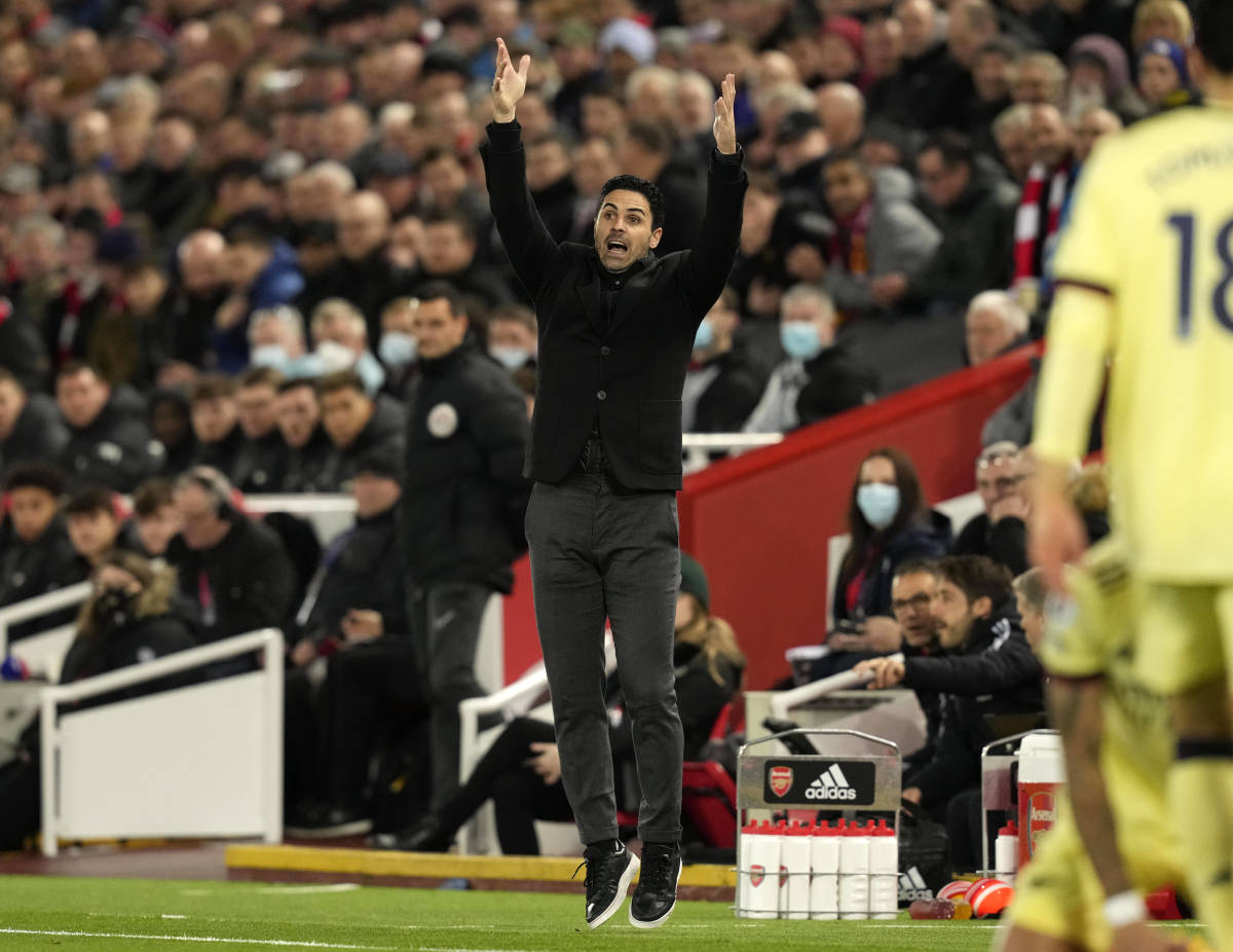Arsenal manager Mikel Arteta pictured on the touchline during his side's 4-0 loss to Liverpool at Anfield in 2021