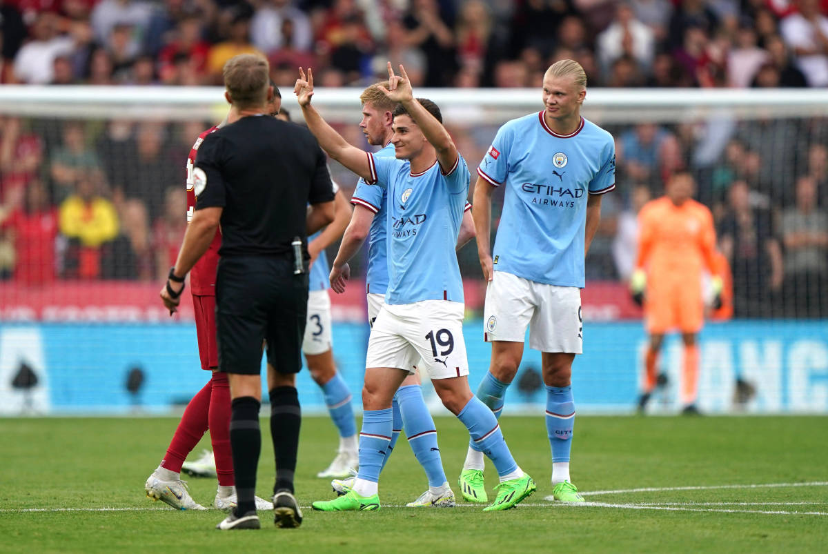 No.19 Julian Alvarez pictured celebrating after his first goal for Manchester City was confirmed by a VAR review in the 2022 Community Shield against Liverpool