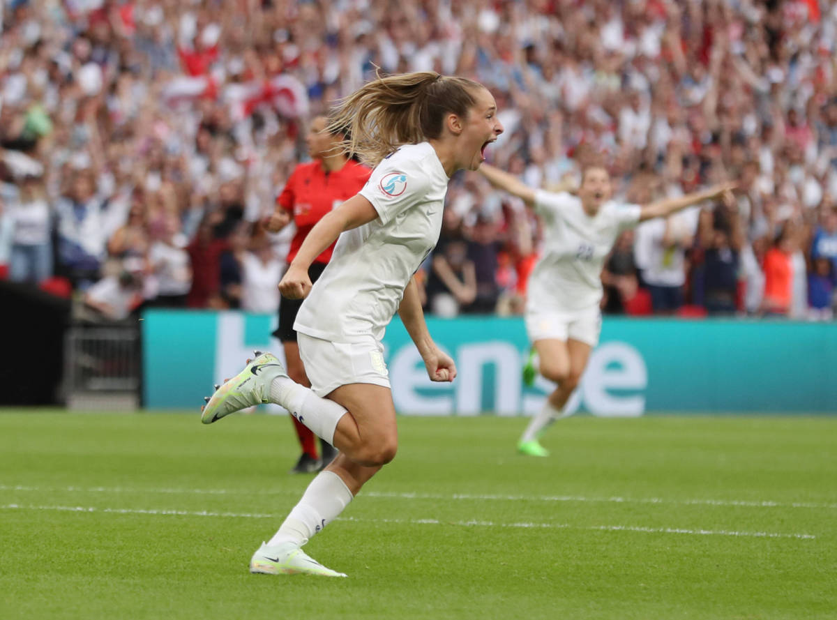 Ella Toone pictured celebrating after scoring for England in the final of Euro 2022 against Germany at Wembley