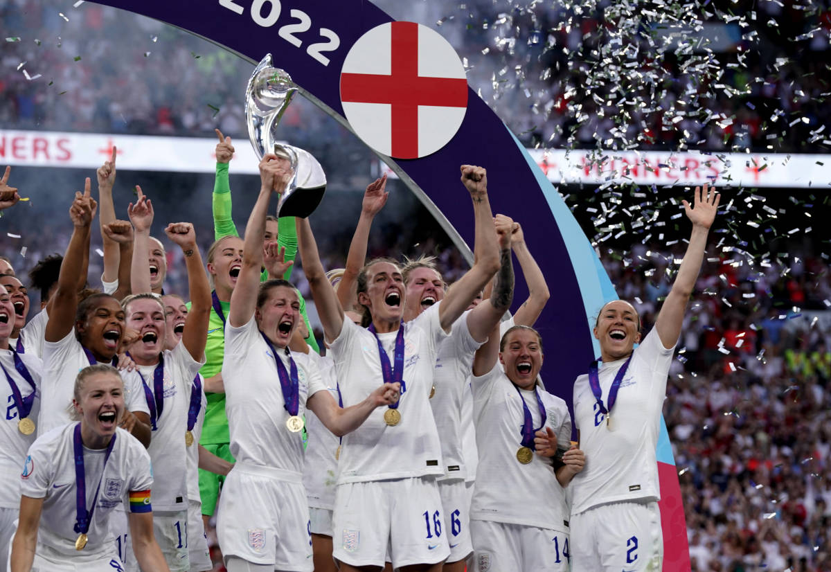 England's players pictured celebrating with their trophy after winning UEFA Women's Euro 2022