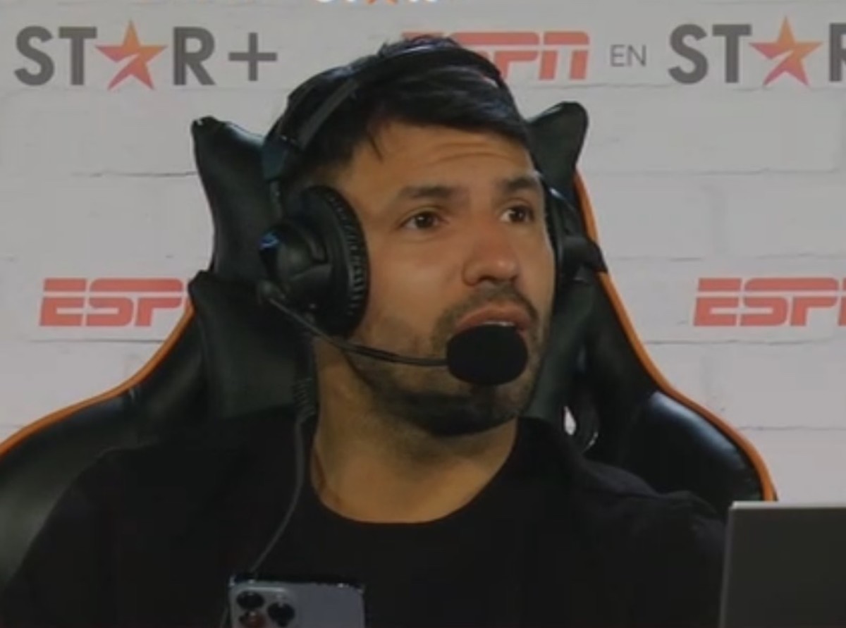 Sergio Aguero pictured hosting a live stream on his Twitch channel during the 2022 Community Shield game between Liverpool and Manchester City
