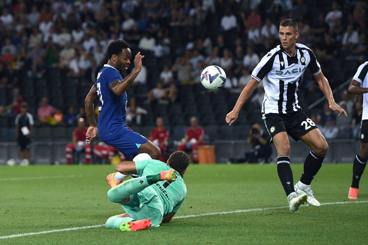 Raheem Sterling (left) pictured scoring for Chelsea in a 3-1 friendly win over Udinese in July 2022