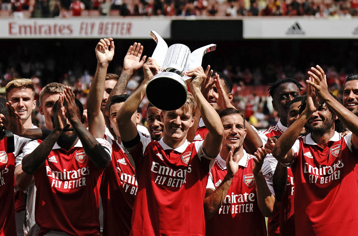 Martin Odegaard pictured lifting the Emirates Cup trophy hours after being confirmed as Arsenal's new permanent captain on July 30, 2022
