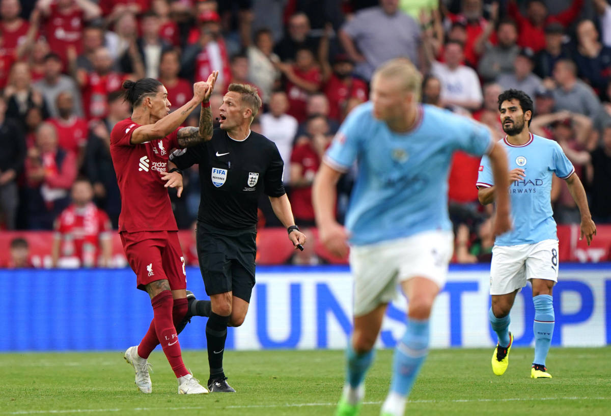 Liverpool forward Darwin Nunez pictured (left) appealing for a penalty kick during the 2022 Community Shield against Manchester City