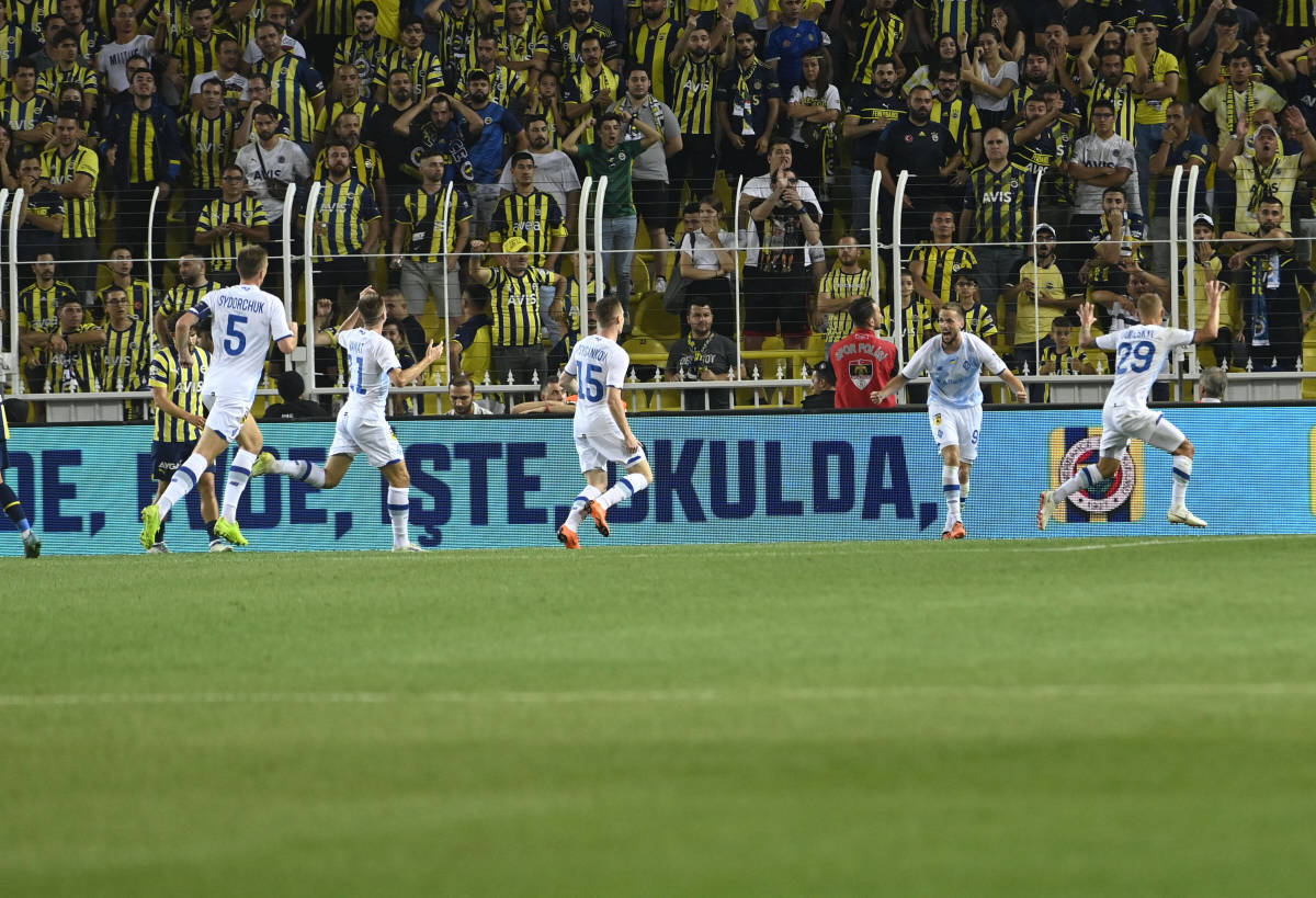 Dynamo Kyiv's no.29 Vitaliy Buyalsky pictured (right) celebrating a goal against Fenerbahce in July 2022