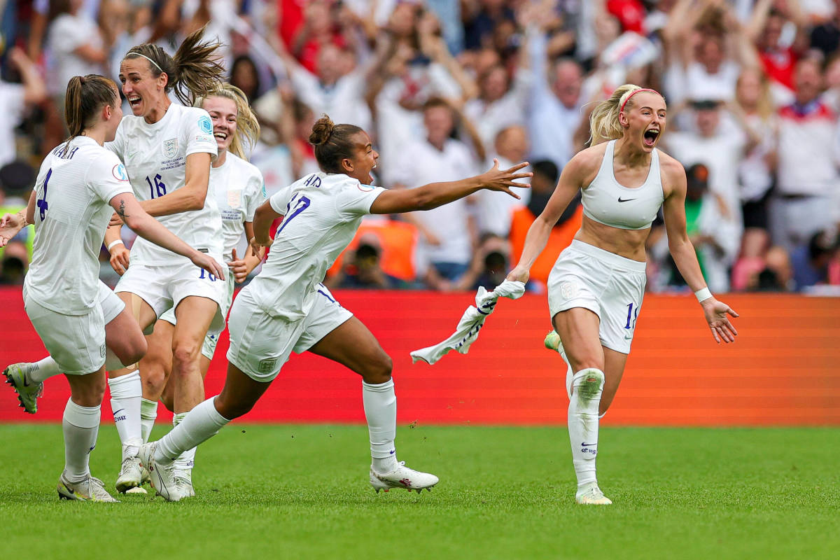 Chloe Kelly pictured (right) celebrating after scoring the winning goal for England in the final of UEFA Women's Euro 2022