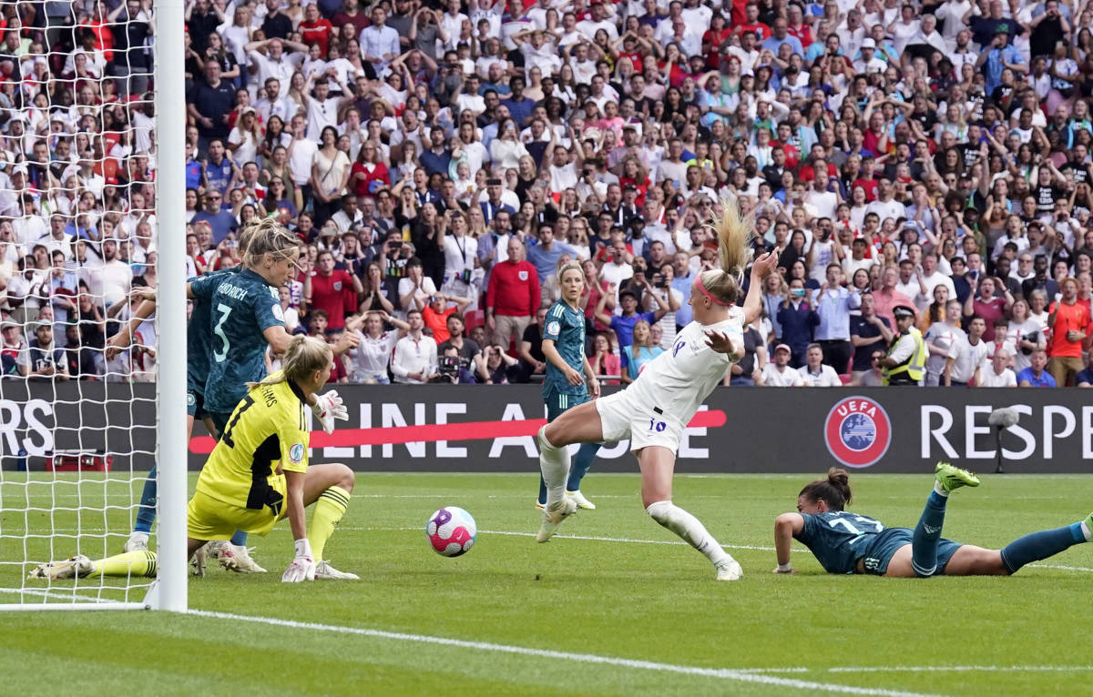 Chloe Kelly pictured scoring the goal that won UEFA Women's Euro 2022 for England