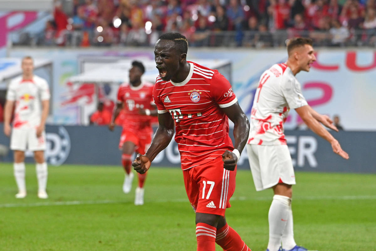 Sadio Mane pictured celebrating after scoring for Bayern Munich in the 2022 German Supercup against RB Leipzig