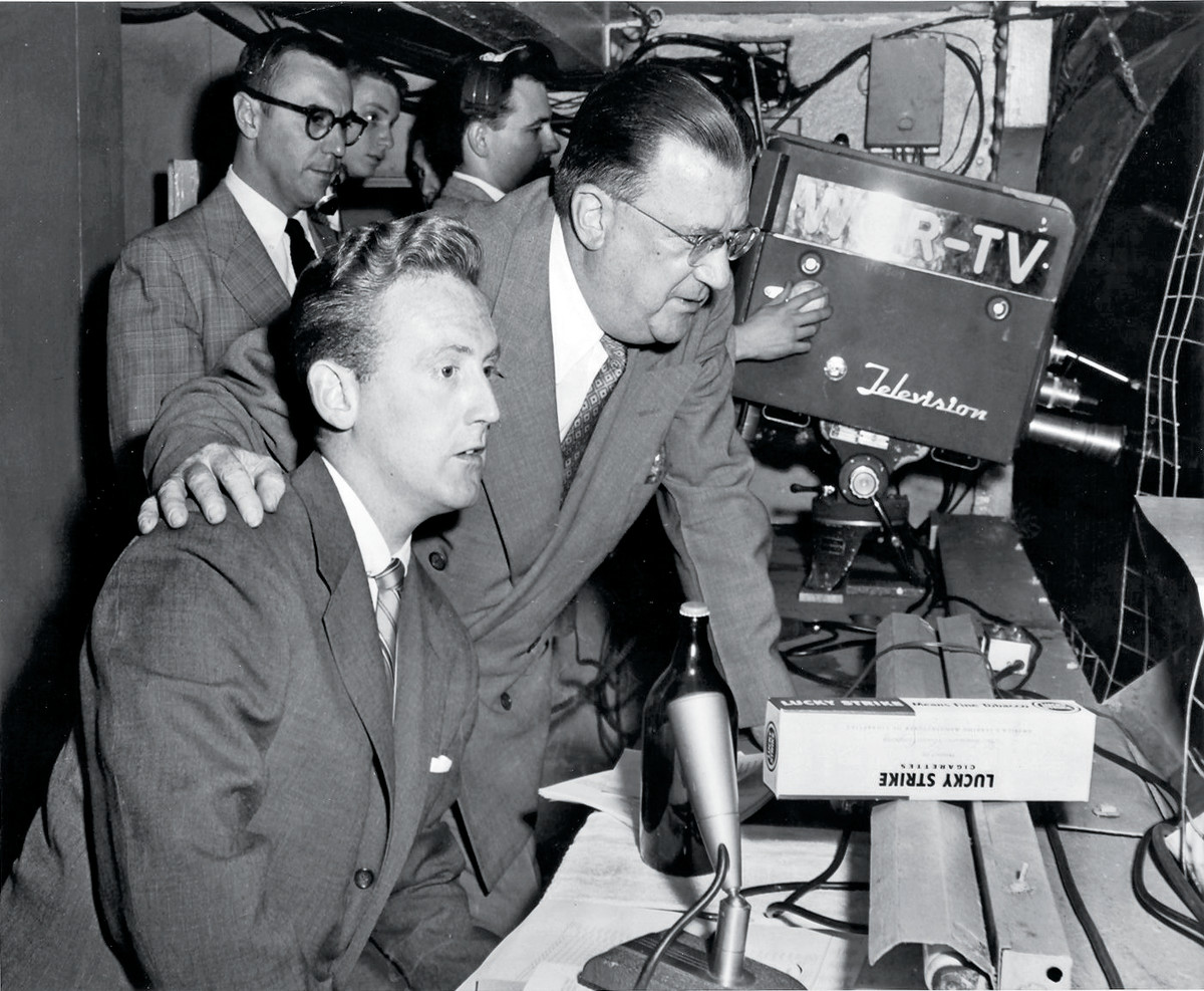 Vin Scully with Walter O’Malley at Ebbets Field around 1956.