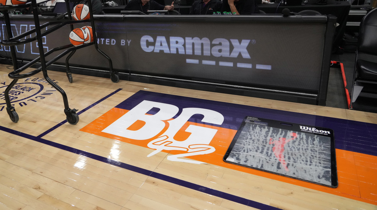 BG 42 is painted on a WNBA court as a reminder of Brittney Griner’s detainment in Russia.