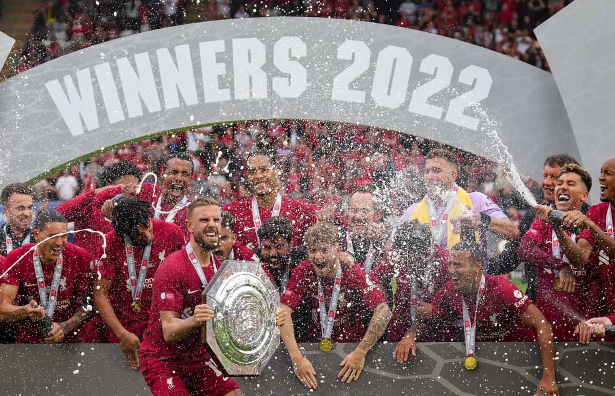 Liverpool's players pictured celebrating after winning the 2022 Community Shield