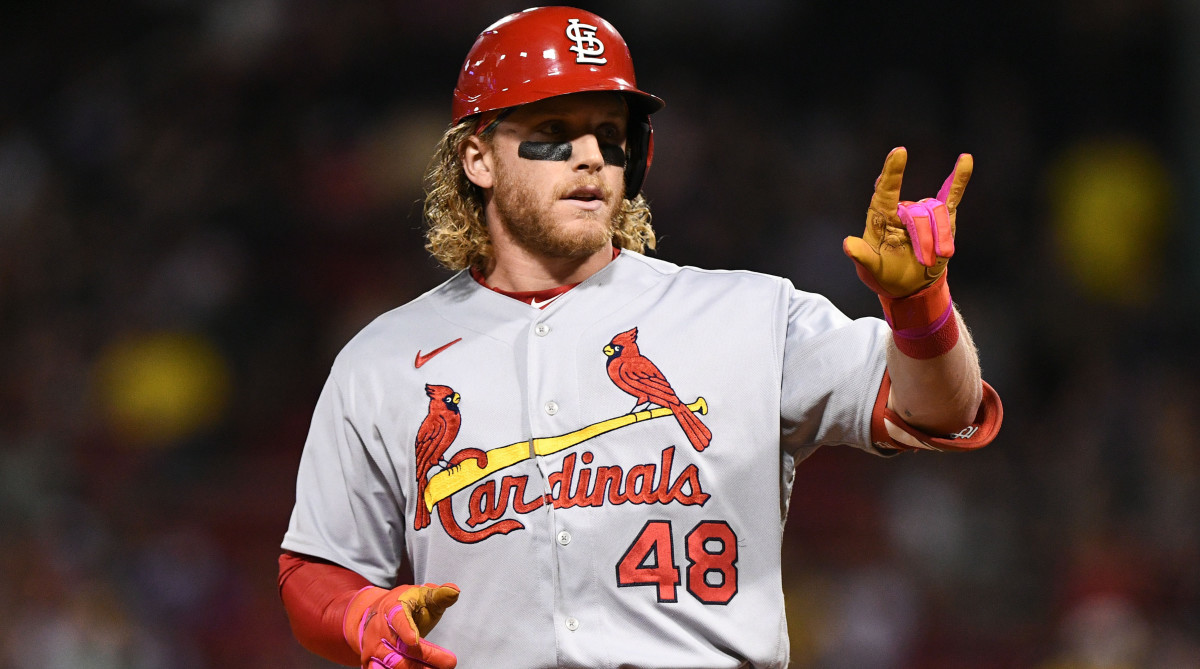 Cardinals center fielder Harrison Bader reacts after a hit against the Red Sox.
