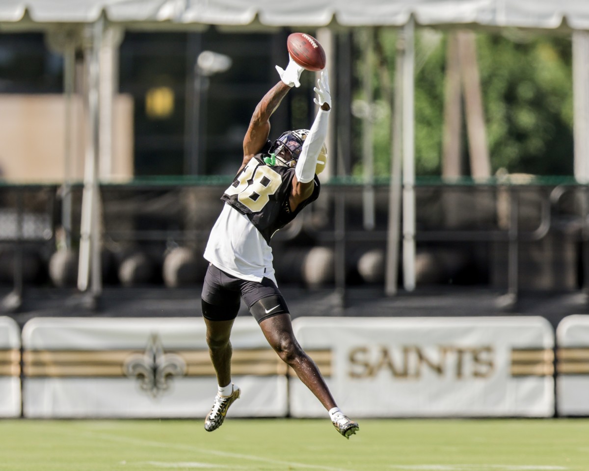 Jul 29, 2022; New Orleans Saints safety Smoke Monday (38) works on defensive drills during training camp. Mandatory Credit: Stephen Lew-USA TODAY