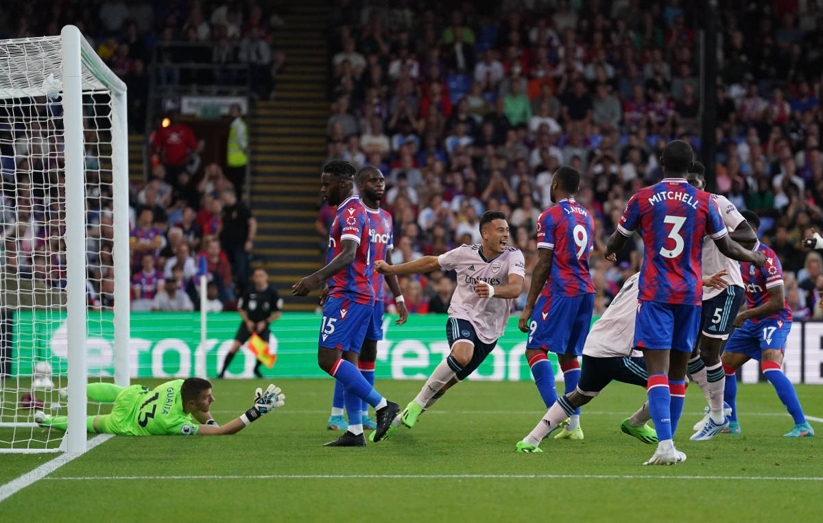 Gabriel Martinelli pictured (center) after scoring for Arsenal against Crystal Palace in the opening game of the 2022/23 Premier League season