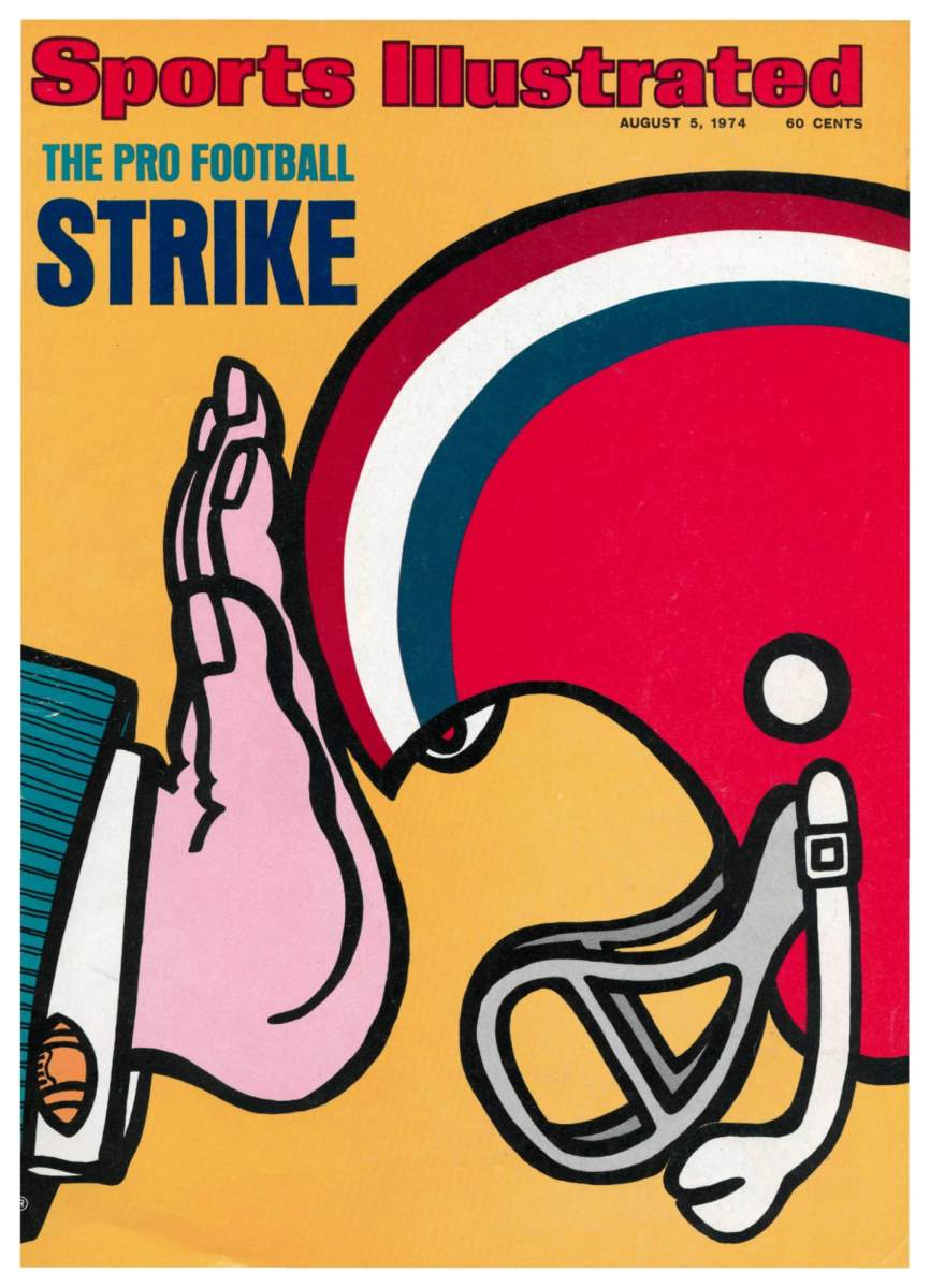 Illustration of a football helmet being stopped by a man in a suit