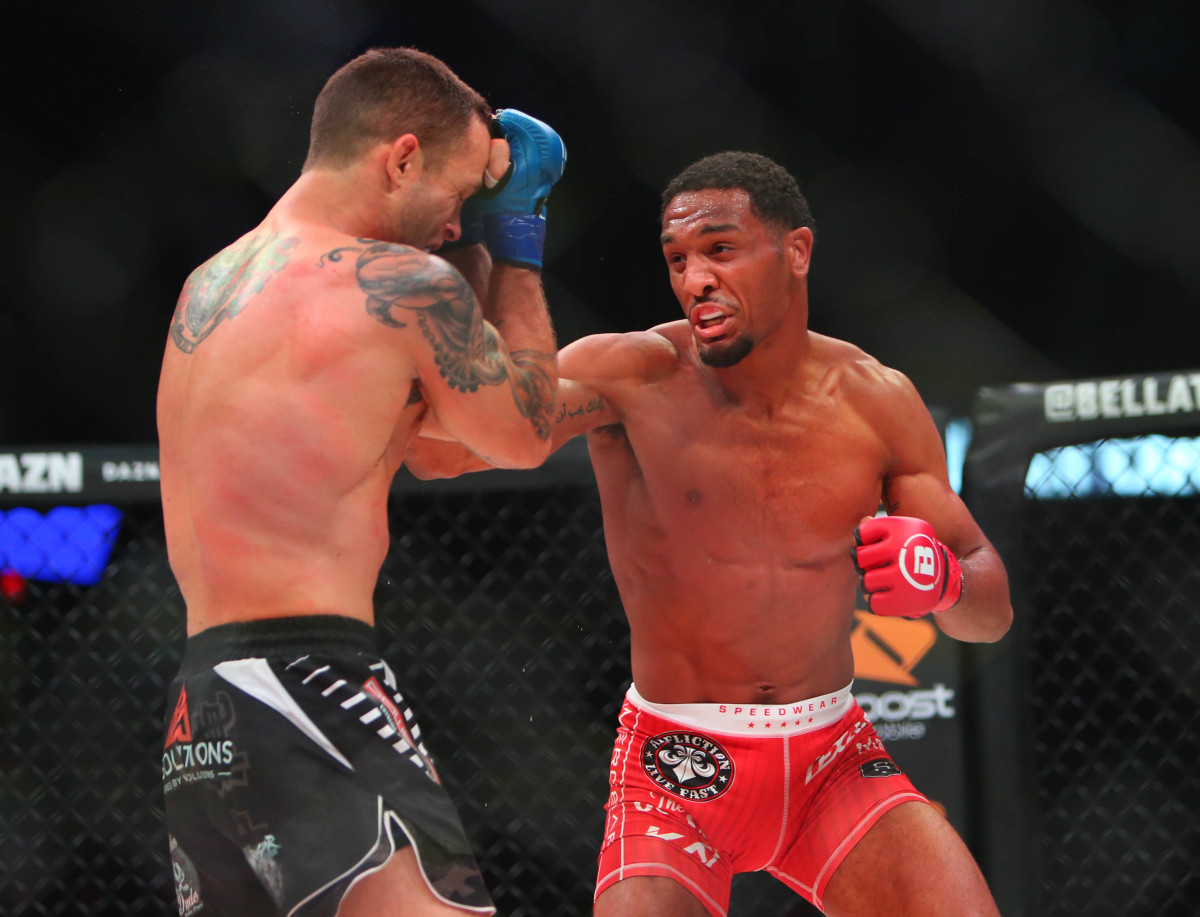A.J. McKee (red gloves) and Pat Curran (blue gloves) during Bellator 221 at Allstate Arena.