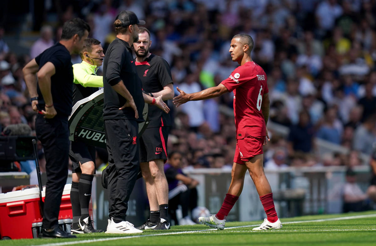Thiago Alcantara pictured shaking hands with Jurgen Klopp as the midfielder left the pitch with an injury during Liverpool's 2-2 draw at Fulham in August 2022