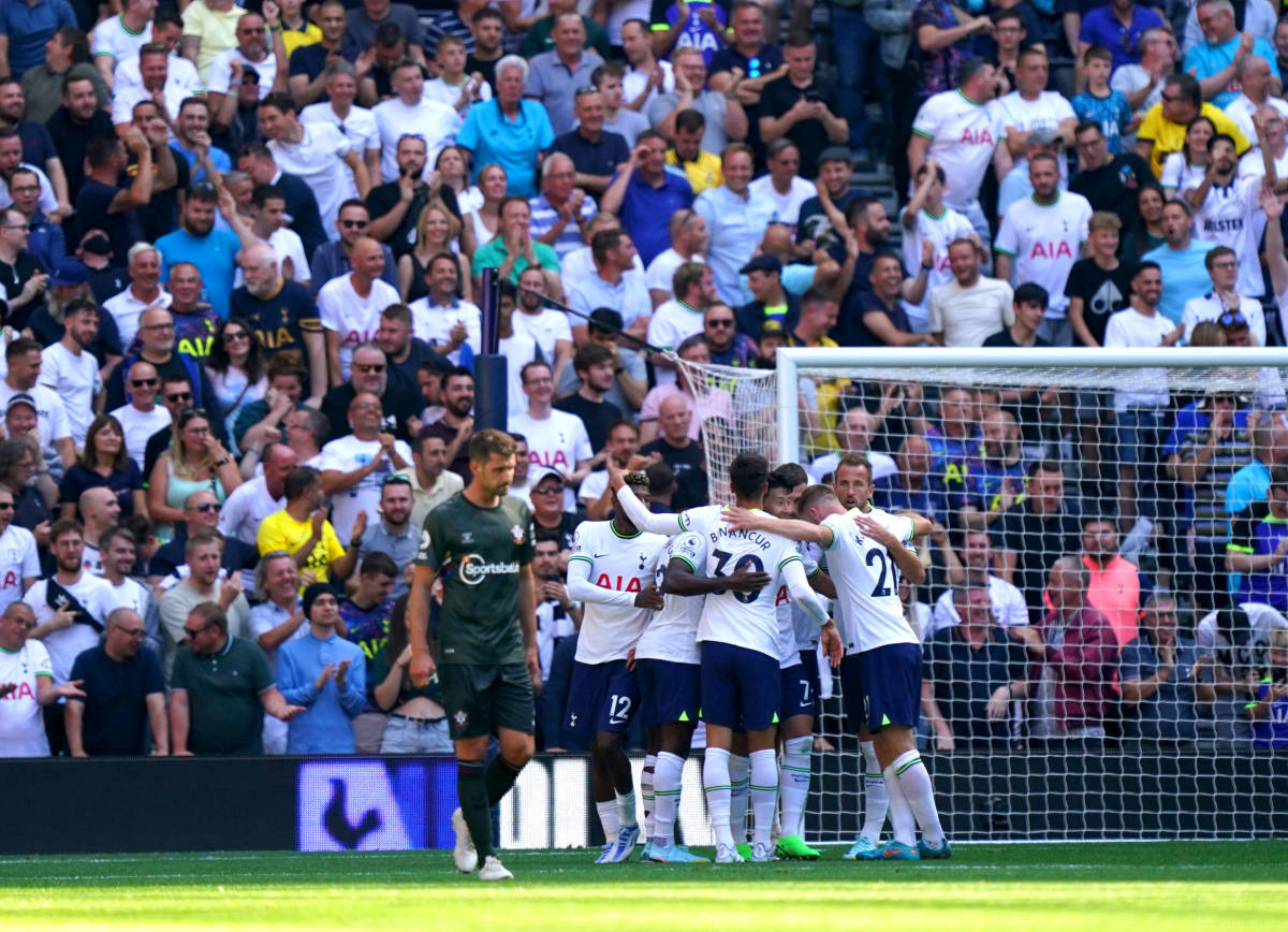 Tottenham's players pictured celebrating after Southampton defender Mohammed Salisu (not in shot) scored an own goal in August 2022