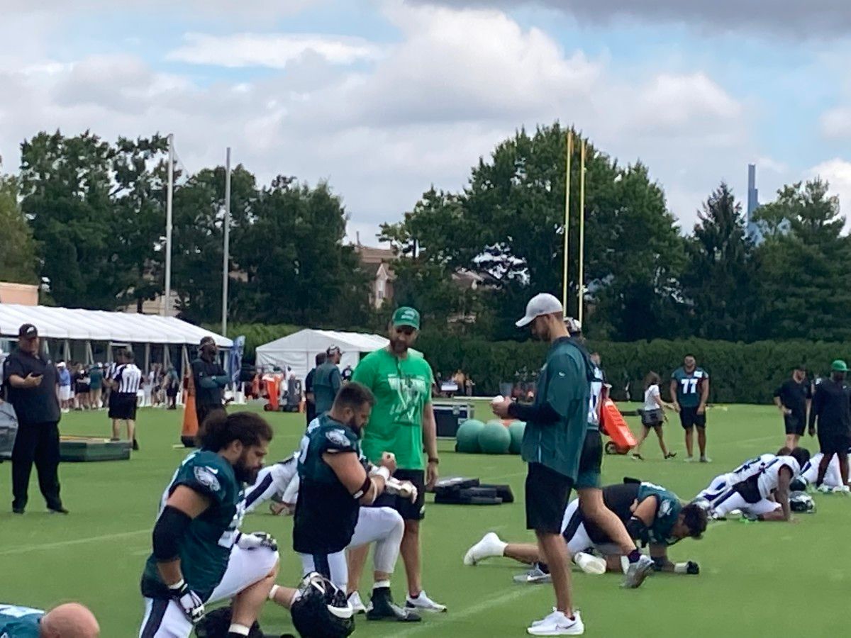 Nick Sirianni and Jason Kelce talk prior to practice