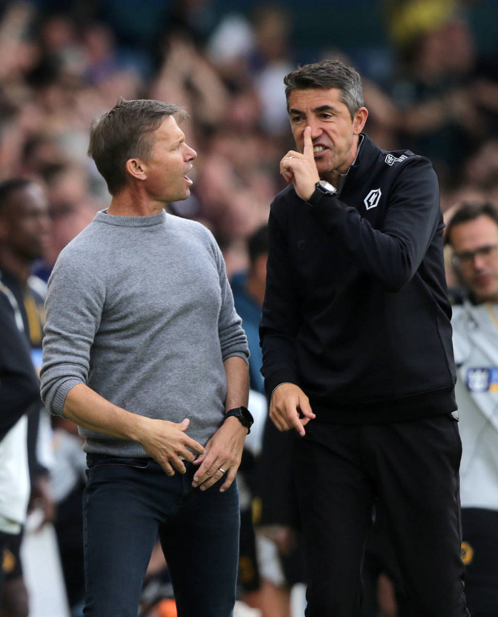 Jesse Marsch (left) and Bruno Lage pictured arguing at the end of Leeds United's 2-1 win over Wolves in August 2022