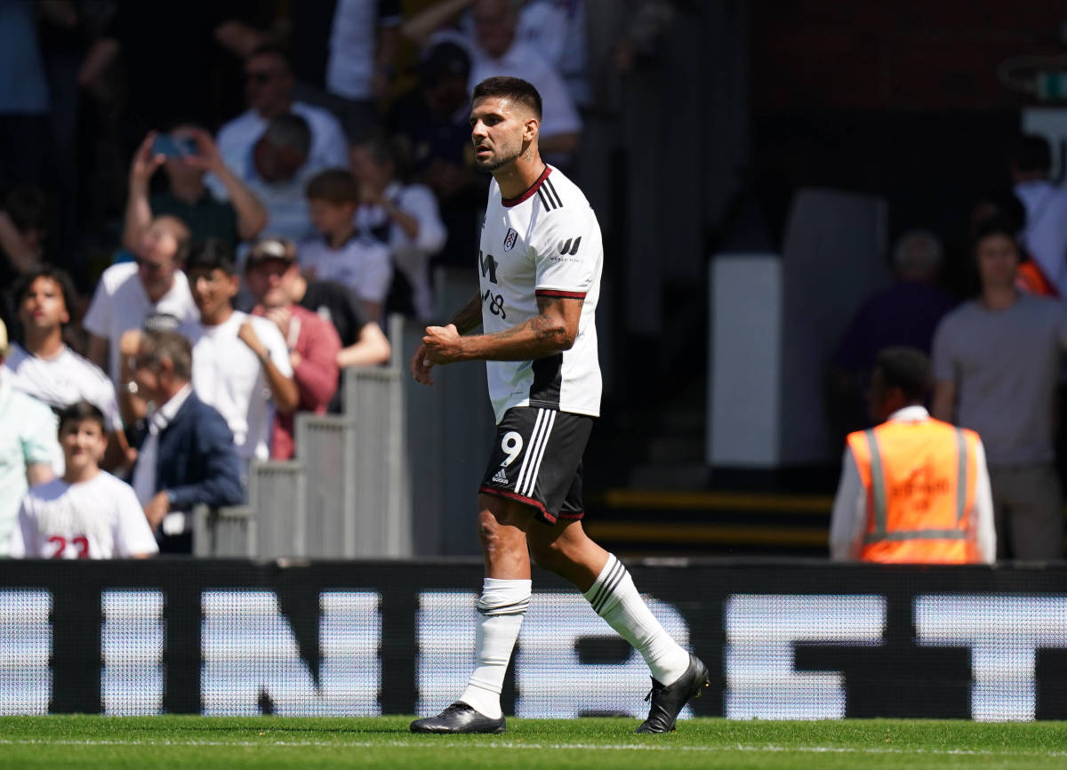 Aleksandar Mitrovic pictured celebrating a goal for Fulham against Liverpool in August 2022