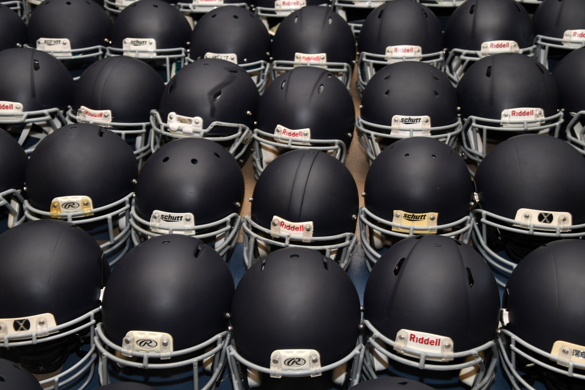 General view of high school football helmets at Vista Murrieta High School.