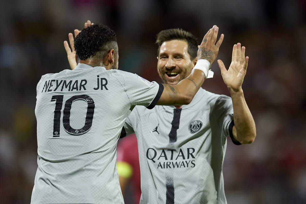 Neymar and Lionel Messi pictured celebrating a goal during PSG's 5-0 win over Clermont in August 2022