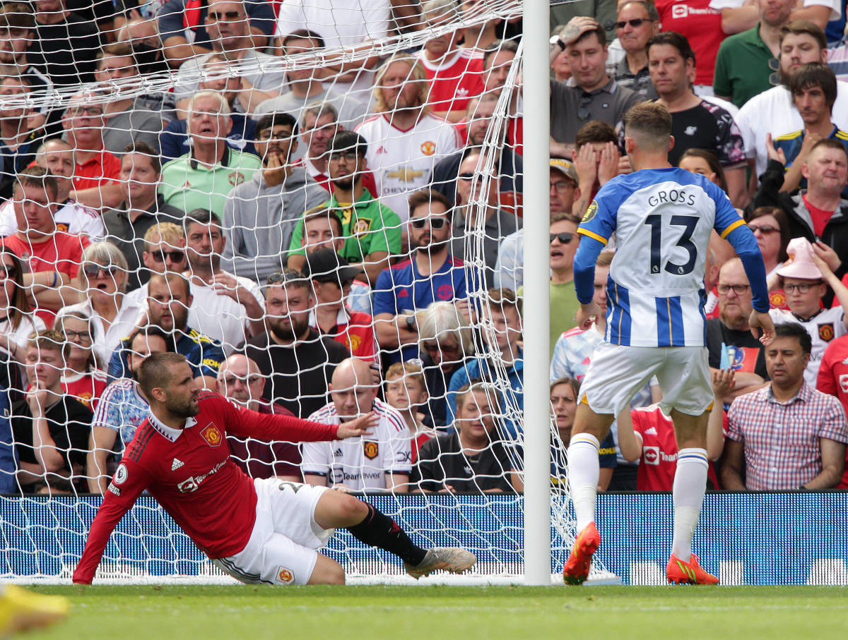 Pascal Gross pictured scoring Brighton's first goal of the 2022/23 EPL season, at Old Trafford against Manchester United