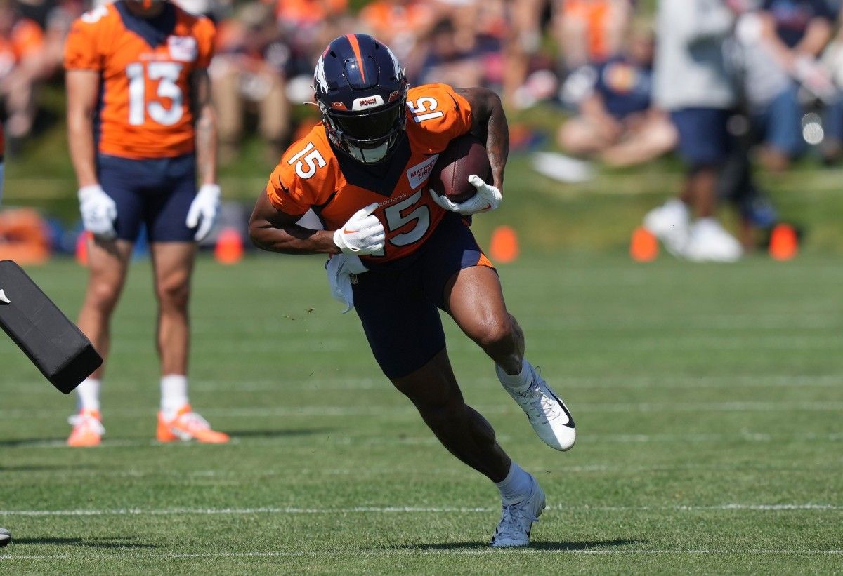 Denver Broncos wide receiver Travis Fulgham (15) during training camp at the UCHealth Training Center.