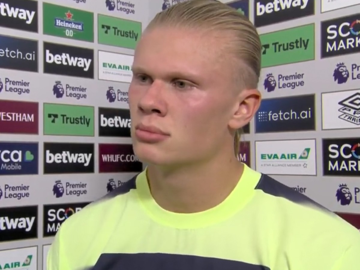 Erling Haaland pictured speaking to Sky Sports after scoring twice on his Premier League debut in August 2022