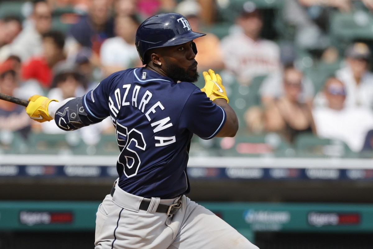 Tampa Bay Rays left fielder Randy Arozarena (56) hits a two-RBI double in the ninth inning against the Detroit Tigers. (Rick Osentoski-USA TODAY Sports)