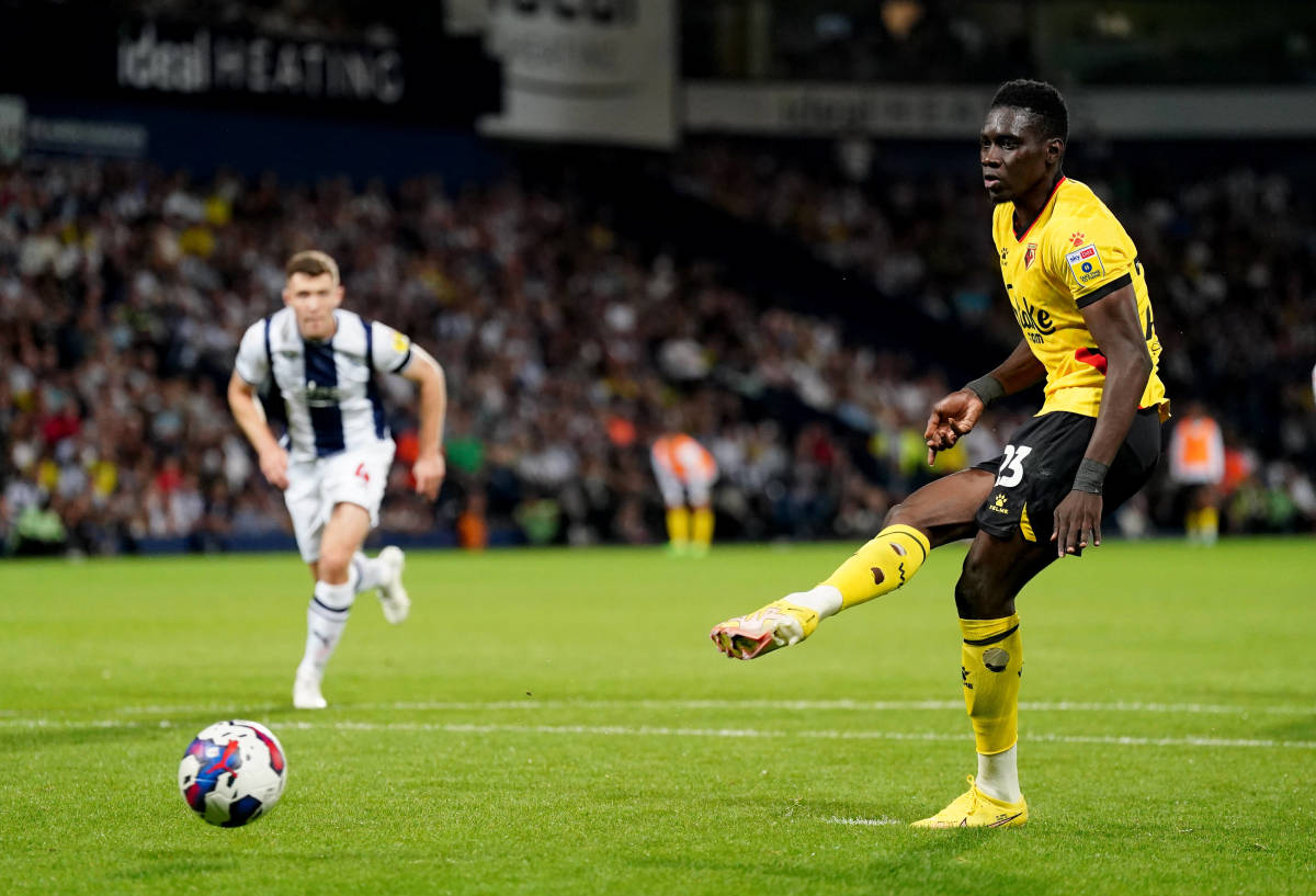 Ismaila Sarr pictured failing to convert a penalty for Watford against West Brom after scoring from 60 yards earlier in the same game in August 2022