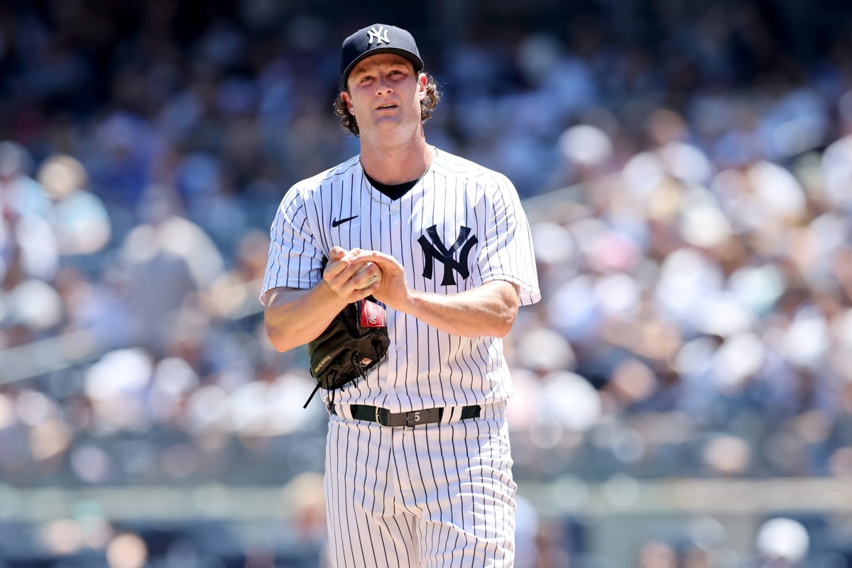New York Yankees starting pitcher Gerrit Cole (45) reacts during the first inning against the Seattle Mariners at Yankee Stadium last week. He'll face the Mariners again on Tuesday night in Seattle. (Brad Penner-USA TODAY Sports)