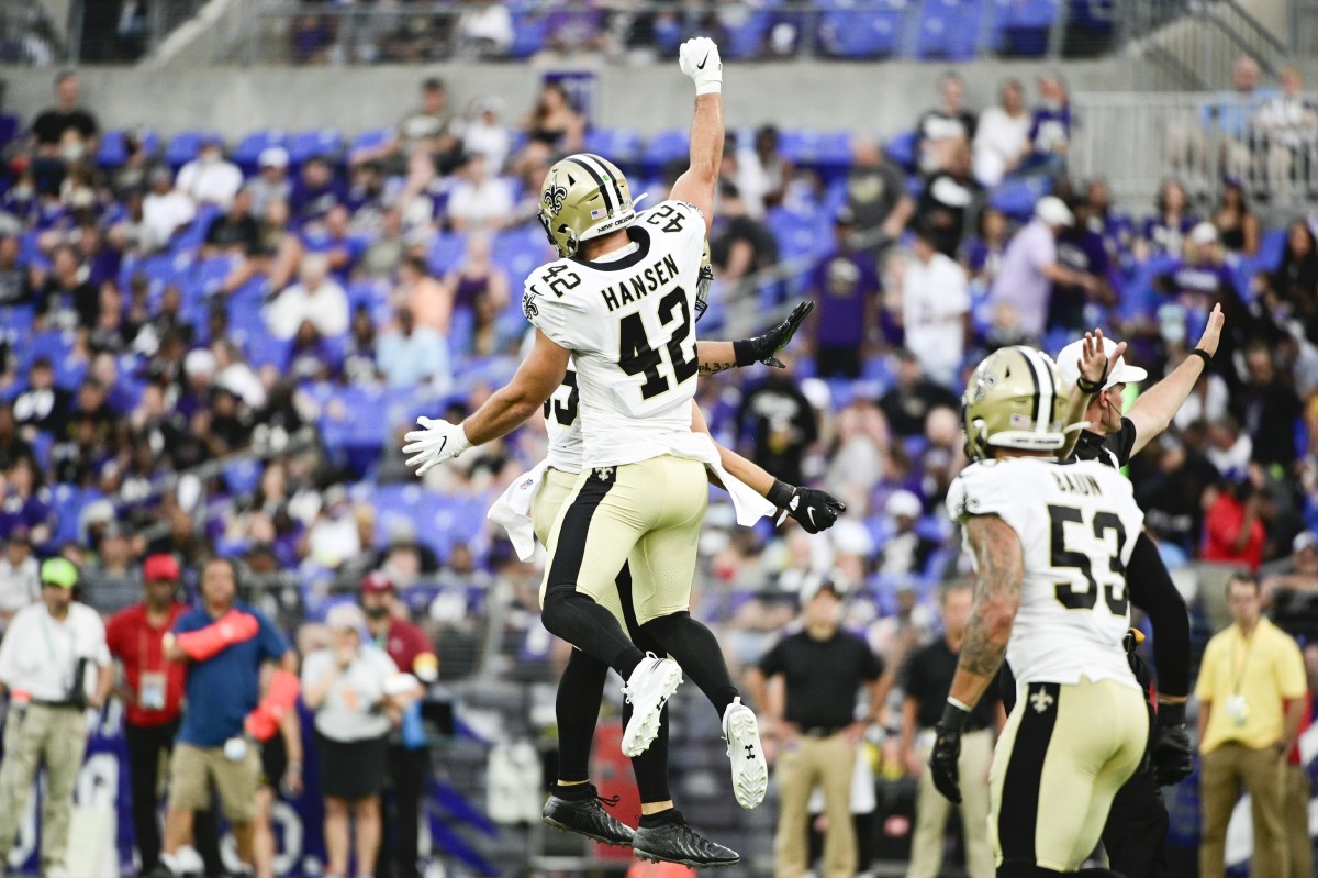 Aug 14, 2021; New Orleans Saints linebacker Kaden Elliss (55) celebrates with linebacker Chase Hansen (42) after stopping the Baltimore Ravens. Mandatory Credit: Tommy Gilligan-USA TODAY