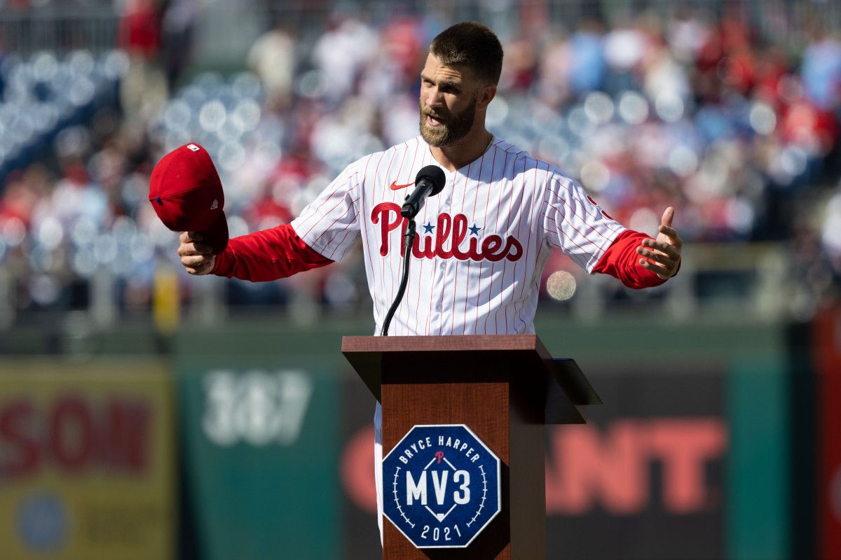 2021 National League MVP Bryce Harper Accepts his Award at Citizens Bank Park.