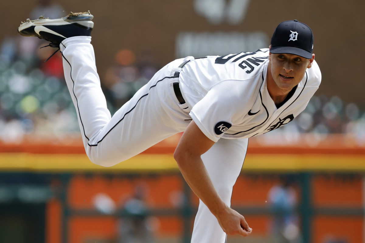 Aug 7, 2022; Detroit, Michigan, USA;  Detroit Tigers starting pitcher Matt Manning (25) pitches in the second inning against the Tampa Bay Rays at Comerica Park.
