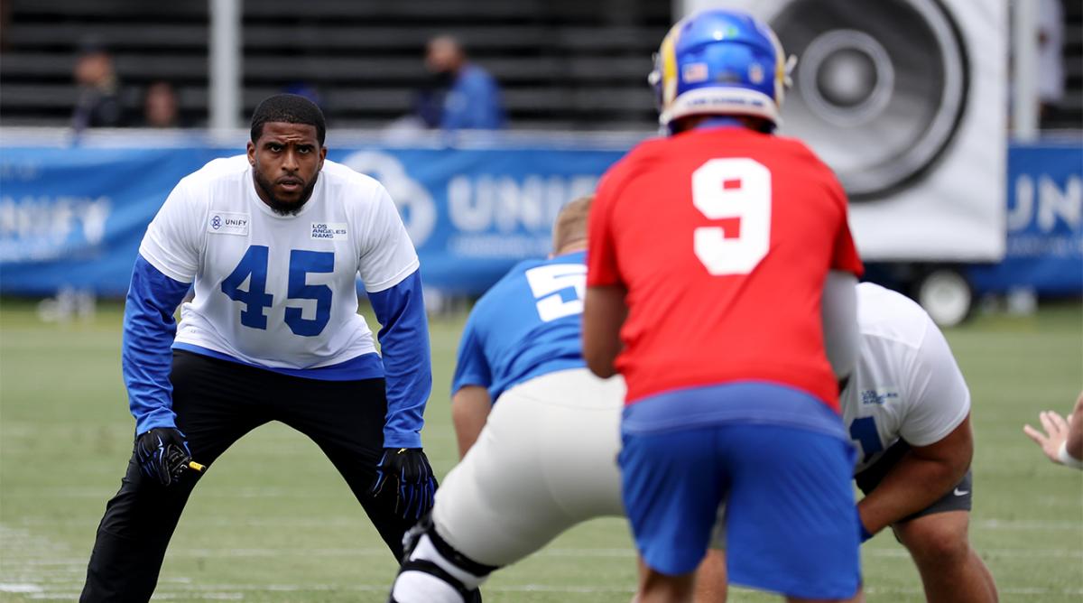 Jul 27, 2022; Irvine, CA, USA; Los Angeles Rams linebacker Bobby Wagner (45) lines up during training camp at University of California Irvine.