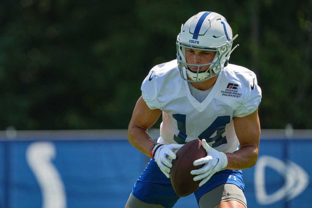 Indianapolis Colts wide receiver Alec Pierce (14) runs a drill during training camp Thursday, July 28, 2022, at Grand Park Sports Campus in Westfield, Ind. Indianapolis Colts Training Camp Nfl Thursday July 28 2022 At Grand Park Sports Campus In Westfield Ind