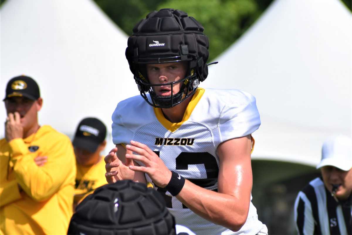 Missouri quarterback Brady Cook surveys the defense during a preseason practice on August 7, 2022. Dsc 0036 2