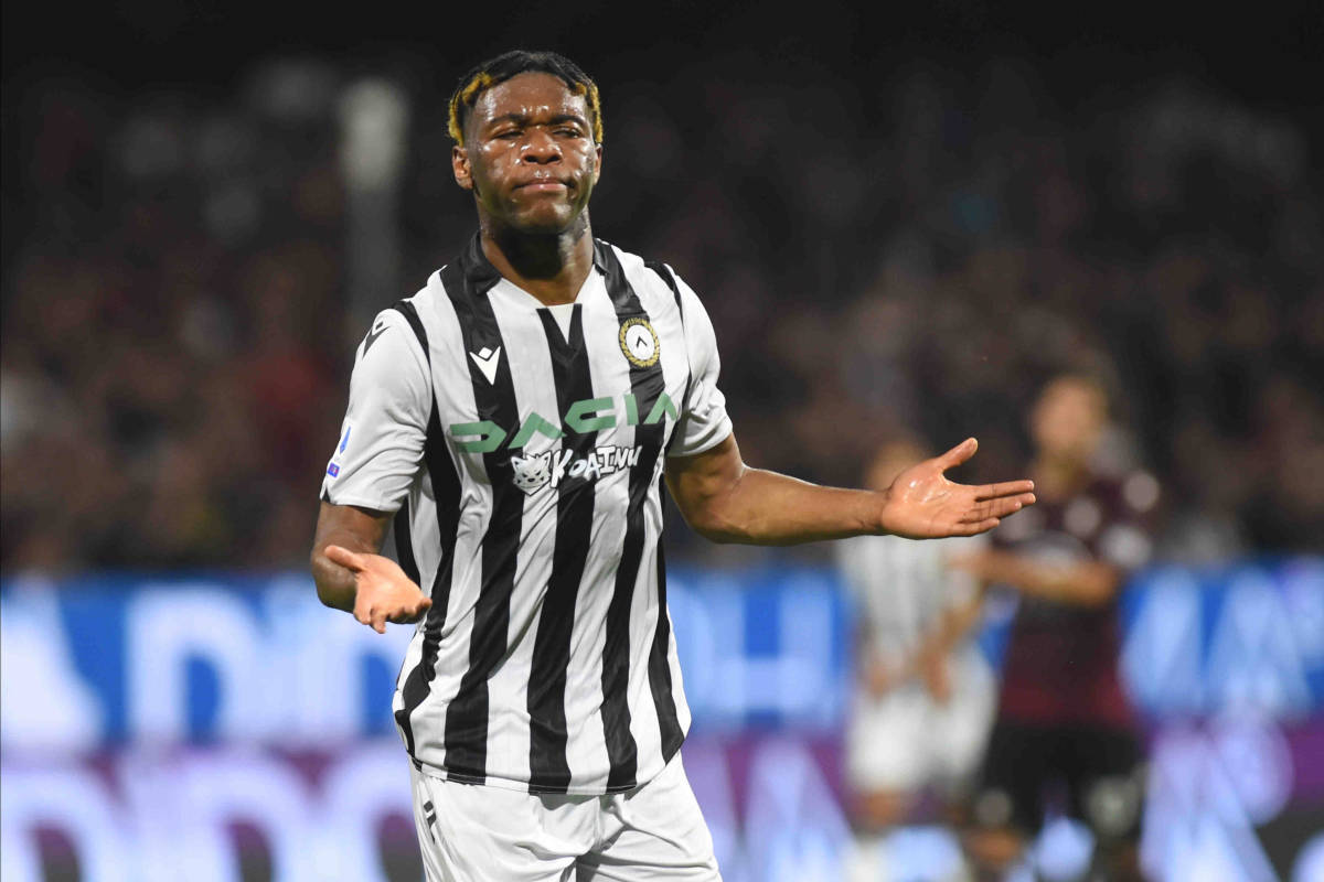 Destiny Udogie pictured celebrating after scoring a goal for Udinese in May 2022